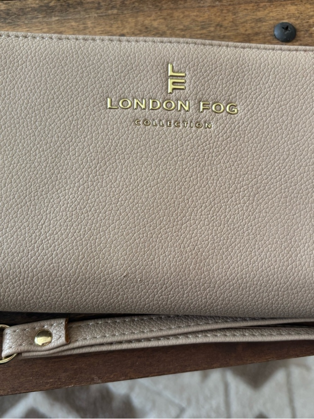 London Fog Taupe Pebbled Wristlet with Gold Logo